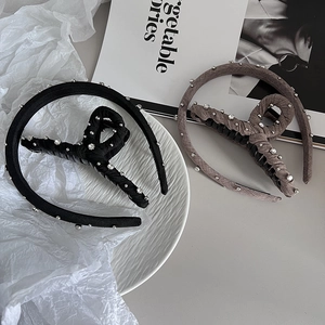 Elegant fabric headband and hair claw set with hand-sewn pearls and rhinestones