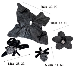 Elegant silver grey fabric hair accessories set including floral bow hair clips and headband