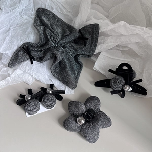 Handmade Fabric Flower Bow Hair Accessories For Women Elegant Silver Gray Black Claw Clip Duckbill Clip Shiny Scrunchie