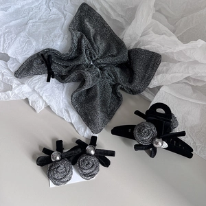 Elegant silver and black hair accessory set with glitter roses and velvet claw clip