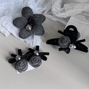 Elegant silver grey and black floral ribbon hair claw clips with bowknot fabric details