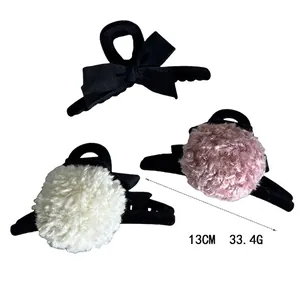Grande pince à cheveux 13cm floquée avec nœud en velours et pompon pour cheveux épais