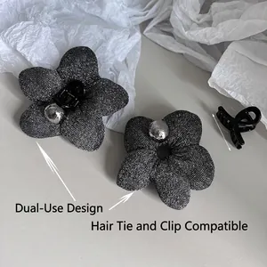 Elegant silver-gray bow flower hair clip and tie set with glitter finish for women
