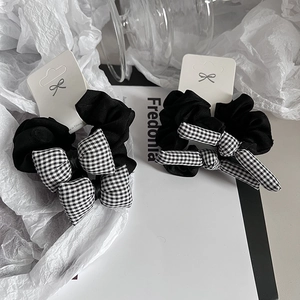 Chouchous en Tissu avec Nœud Papillon Style Coréen Noir et Blanc à Carreaux Élégants Accessoires Cheveux Femme