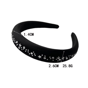 Serre-tête en velours noir avec strass étoiles, largeur 2,6 cm et épaisseur 1,4 cm