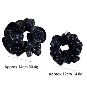 French floral scrunchie set in dark blue fabric with size and weight specifications