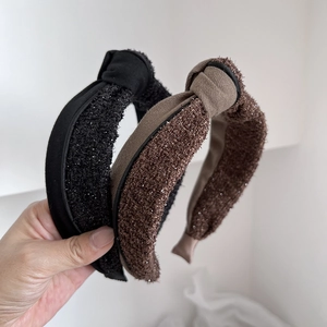 Vintage Tweed Top Knot Headband For Women Shiny Fabric Wide Hairband Elegant Winter Hair Accessories Daily Hair Hoop