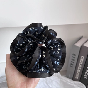 French style navy floral scrunchie with black satin border for elegant ponytail styles