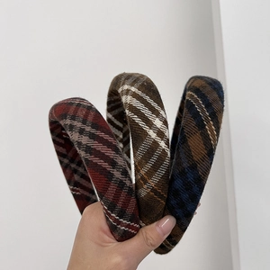 Three-piece set of thick vintage plaid sponge headbands in red, brown, and blue tones