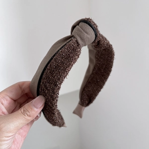 Brown knotted tweed headband with glitter texture and Korean vintage style for women