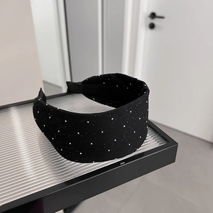 Damen Mode Schwarz Breit Stirnband Minimalistisch Glänzend Strass Haarreifen Stoff Kristall Haarband Handgefertigt Haarschmuck