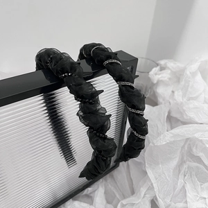 Women Fashion Black Pleated Organza Headband With Rhinestone Spike Anti-Slip Hair Hoop Dark Gothic Headwear Accessory
