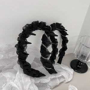 Elegant set of black pleated wave headbands with silver rhinestone details and non-slip teeth