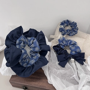 Denim Fabric Scrunchies Daisy Embroidery Hair Ties Korean Style Bow Heart Pendant Hair Accessories For Women Girls