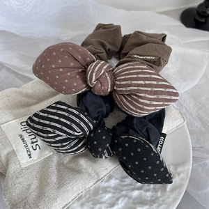 Vintage Bowknot Fabric Scrunchies Polka Dot Stripe Pattern Pleated Hair Ties High Elastic Hair Accessories For Women