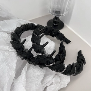 Elegant black pleated wavy headbands with sparkling rhinestone accents for women