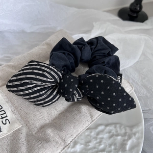 Vintage retro padded black scrunchie with striped and polka dot bow detail for hair