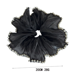 Grand chouchou élégant en maille noire avec perles de 20cm élastique en organza