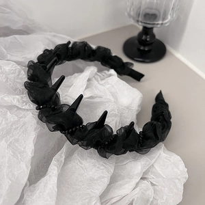 Elegant black pleated wavy headband with gothic organza ruffles and non-slip design