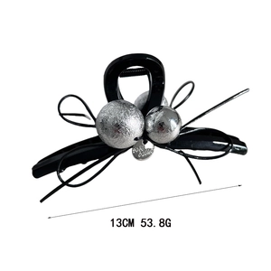 Pince à cheveux noire élégante de 13cm avec sphères martelées argentées pour cheveux