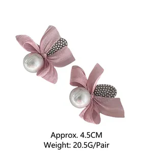 Pink ribbon bow hair clip with large pearl and rhinestone accents, 4.5CM 20.5G pair