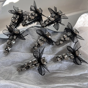 Black Mesh Bowknot Rhinestone Hair Clip Elegant Korean Style Duckbill Side Hairclip Accessory For Women Girls Jewelry