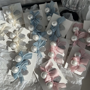 Elegant Satin Bow Artificial Pearl Hair Clips Set Sweet Alloy Duckbill Side Clip Headpiece For Women Daily Party Hair Accessories
