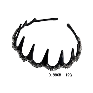 Luxurious black crystal headband with sparkling silver rhinestones and toothed grip
