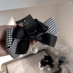 Élégant Élastique Cheveux Nœud Pied-De-Poule Ruban Satin Noir Avec Fausse Künstliche Perle Gland Strass Accessoires Cheveux Femmes