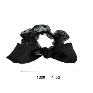 Classic black lace bow hair tie with polka dot mesh and golden buckle for ponytail styling
