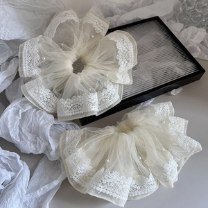Elegant Oversized Lace Mesh Scrunchie Artificial Pearl Accents Large Elastic Hair Tie For Wedding Party Women Styling Accessories