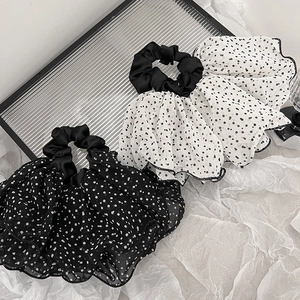 Chouchous Élégants en Mousseline de Satin à Pois Taille XL Volants Double Couche Accessoires de Queue de Cheval pour Femmes