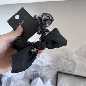 Classic Korean style black lace bow hair tie with elegant polka dot chiffon detailing