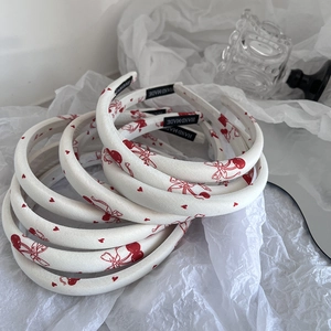 Sweet white fabric headband with red cherry patterns and bow prints for women