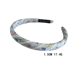 Serre-tête en tissu bleu avec motifs fleurs et cœurs blancs, largeur 1,5 cm, fait à la main