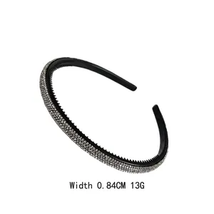 Slim black headband with silver rhinestones and anti-slip teeth, 0.84cm wide and 13g