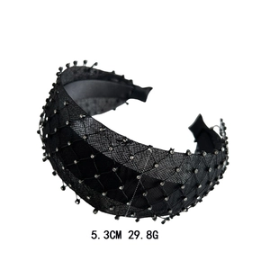 Cerchietto nero largo in rete con strass scintillanti, stile retrò, larghezza di 5,3 cm
