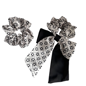 Classic black and white floral print scrunchie set with long bow ribbon accessories