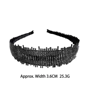 Luxury black rhinestone headband with non-slip teeth, 3.6cm wide elegant hair hoop