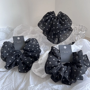 Korean Style Black Chiffon Scrunchie For Women White Heart Floral Print High Elastic Hair Tie Fashion Daily Hair Accessories