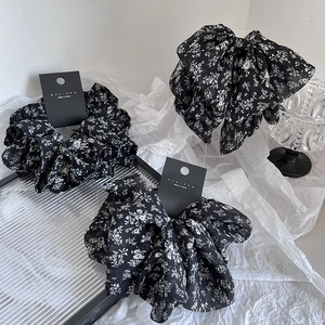 Floral Pattern Fabric Hair Scrunchie Set Vintage Black White Chiffon Elastic Hair Band Bow Claw Clip For Women Accessories