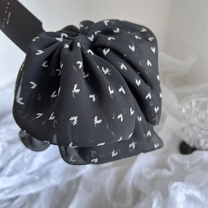 Elegant large black chiffon hair scrunchie with white pixel heart patterns, Korean style