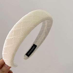 French style creamy beige sponge headband with vintage geometric textured fabric