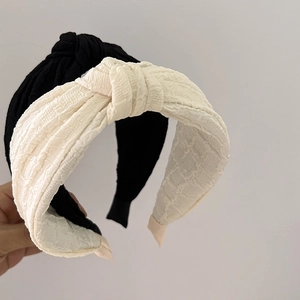French style sponge headband with knotted design in elegant black and cream beige fabrics