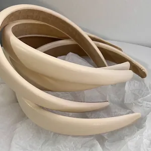 French style beige faux leather sponge headband with non-slip velvet lining