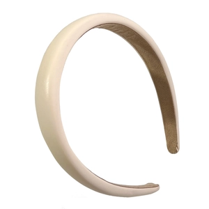 Minimalist beige PU leather padded sponge headband with brown anti-slip velvet lining