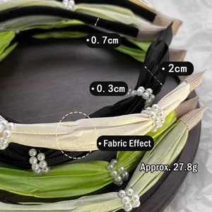 Elegant pleated satin headbands with pearls in black, yellow, and green colors
