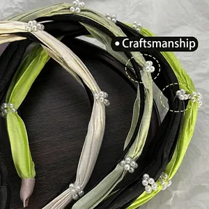 Elegant satin pleated headband set with white faux pearl clusters in three colors