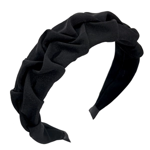 French style pleated wide headband in black textured fabric for high skull top hair styling