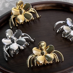 Elegante Pinza per Capelli Francese 3D a Fiore in Lega di Metallo Placcato Oro Argento Clip a Squalo per Acconciatura Donna
